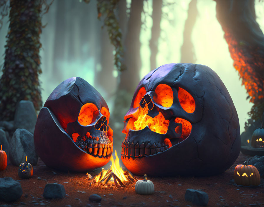 Carved Pumpkins with Fiery Eyes by Campfire in Misty Forest