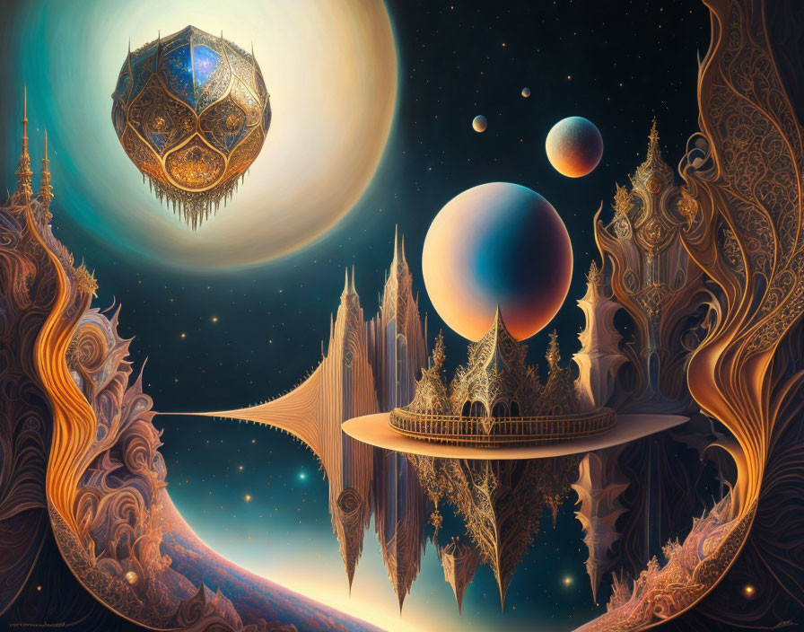 Fantastical Cosmic Landscape with Floating Structures