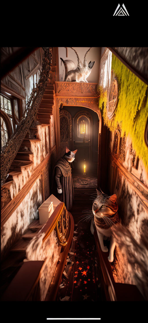 Digital artwork of anthropomorphic cats in Victorian attire on ornate stairwell