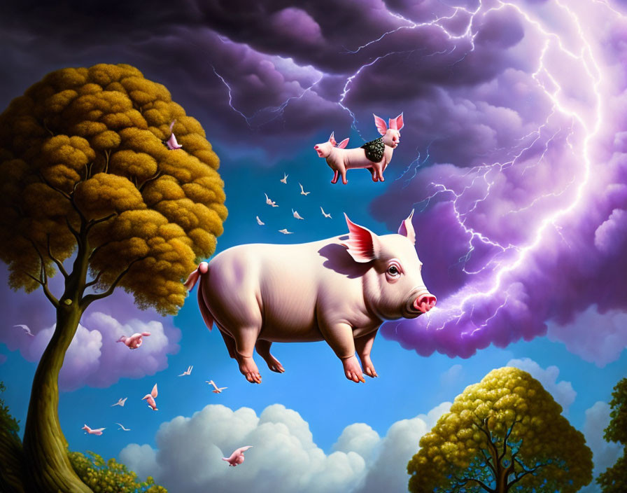 Surreal artwork: Flying pigs, stormy skies, lightning, birds, vibrant trees