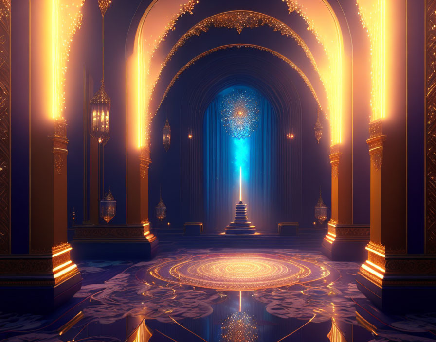 Luxurious hallway with golden arches, intricate floor designs, lanterns, and starry portal