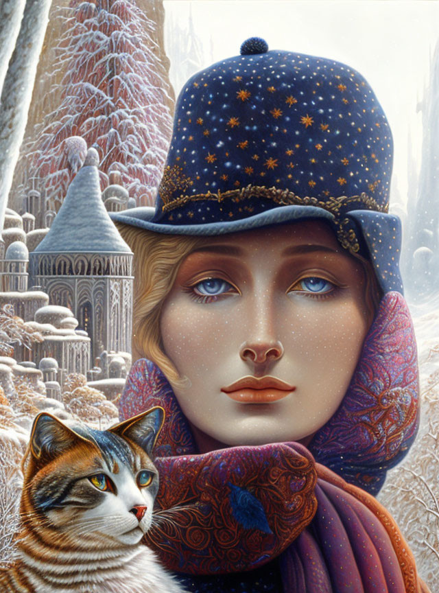 Surreal winter-themed portrait with woman, cat, icy castle, and cool colors