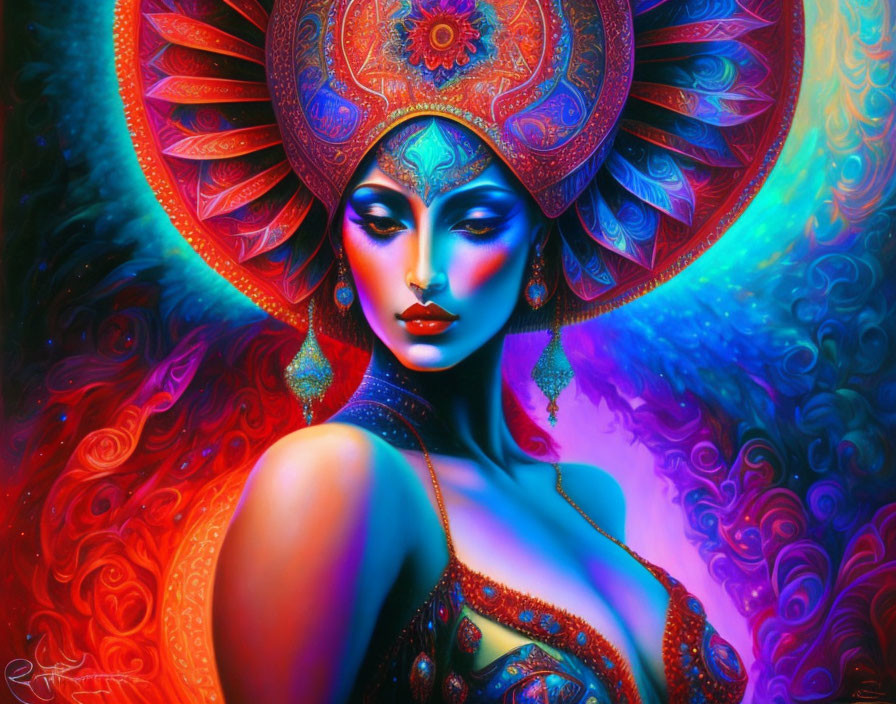 Colorful digital artwork of woman with ornate headdress and blue skin