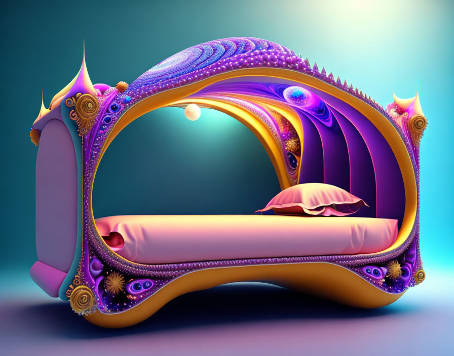 Fantasy-themed bed with purple and gold design on teal background