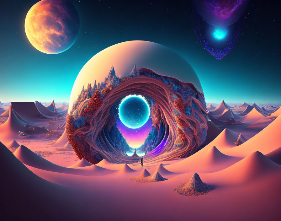 Surreal landscape with sandy dunes, swirling portal, vibrant trees, celestial bodies