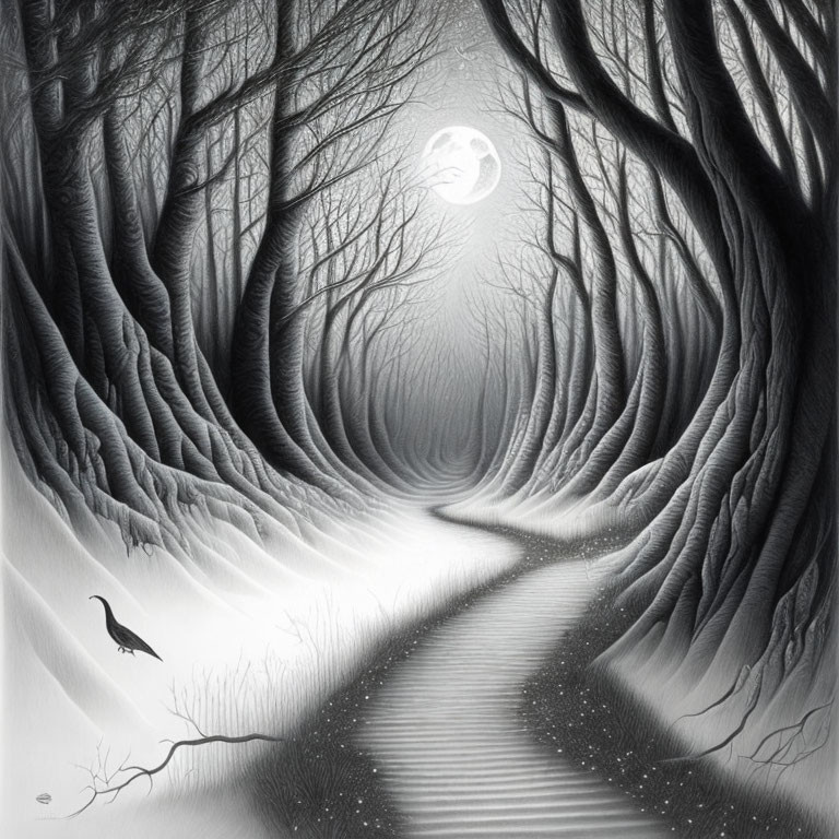 Monochromatic illustration of eerie forest path under full moon