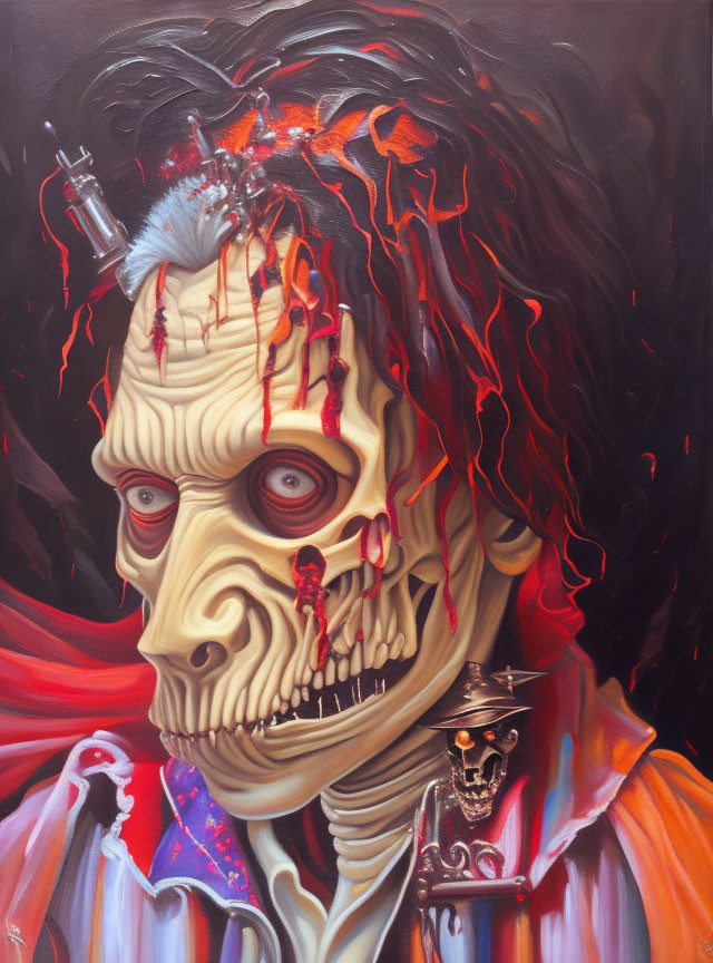 Detailed painting of skeletal figure with red hair and exposed brain on dark background