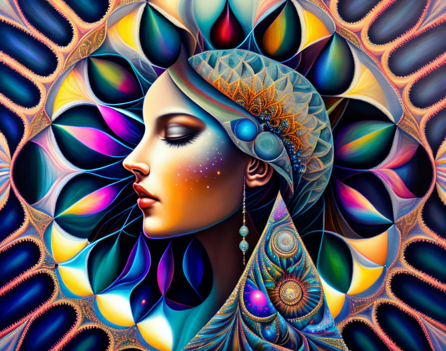 Colorful Psychedelic Portrait of Woman with Abstract Patterns