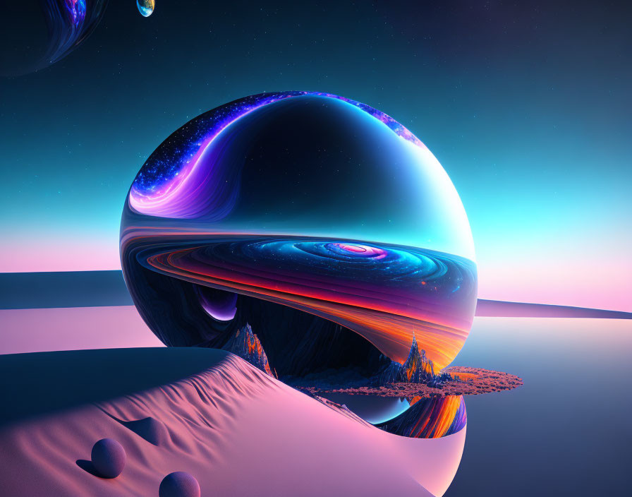 Surreal landscape with reflective sphere and cosmic scenery in twilight sky