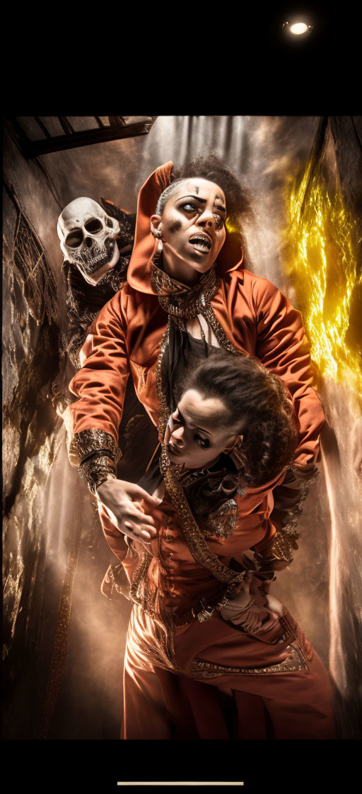 Two performers in skull makeup and orange costumes on fiery stage.