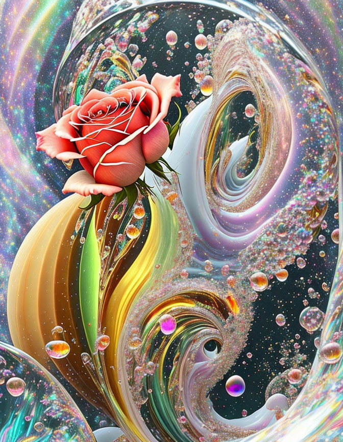 Colorful digital artwork: Pink rose amidst swirling patterns and bubbles