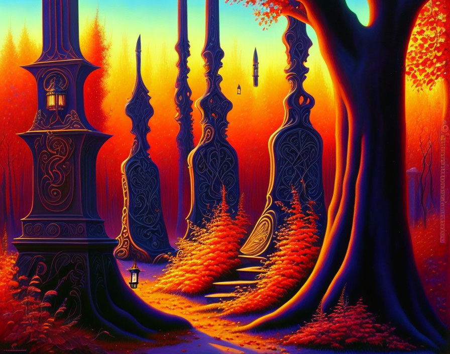 Fantasy landscape with stylized trees, stairway, lanterns, warm red-orange palette