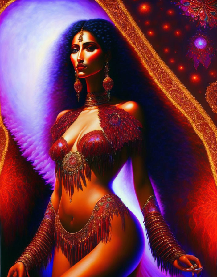 Vivid digital artwork of woman in exotic attire on red backdrop.