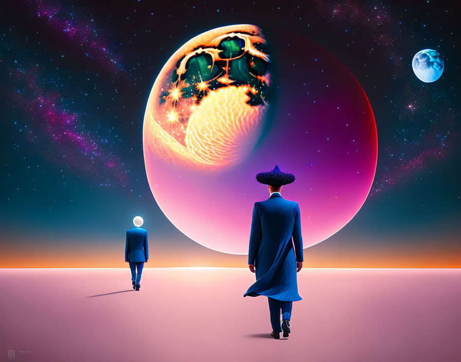 Silhouetted figures near vibrant planet with tree-like structures