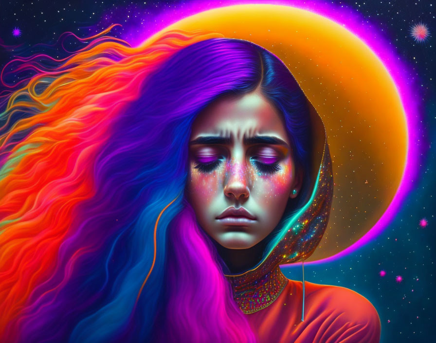 Vibrant multicolored hair woman with cosmic background