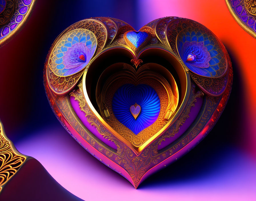 Colorful digital artwork: Nested heart shapes in blue, purple, and gold patterns