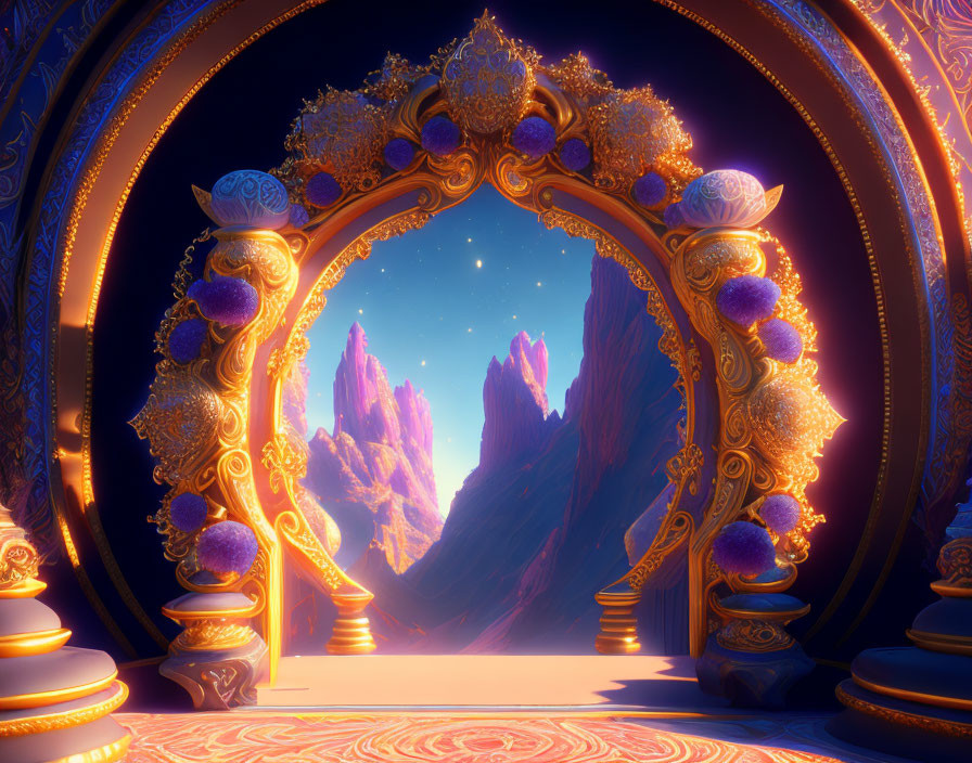 Golden Archway with Purple Accents and Pink Rock Formations at Twilight