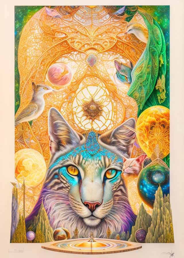 Colorful cat face with cosmic and natural elements in intricate artwork