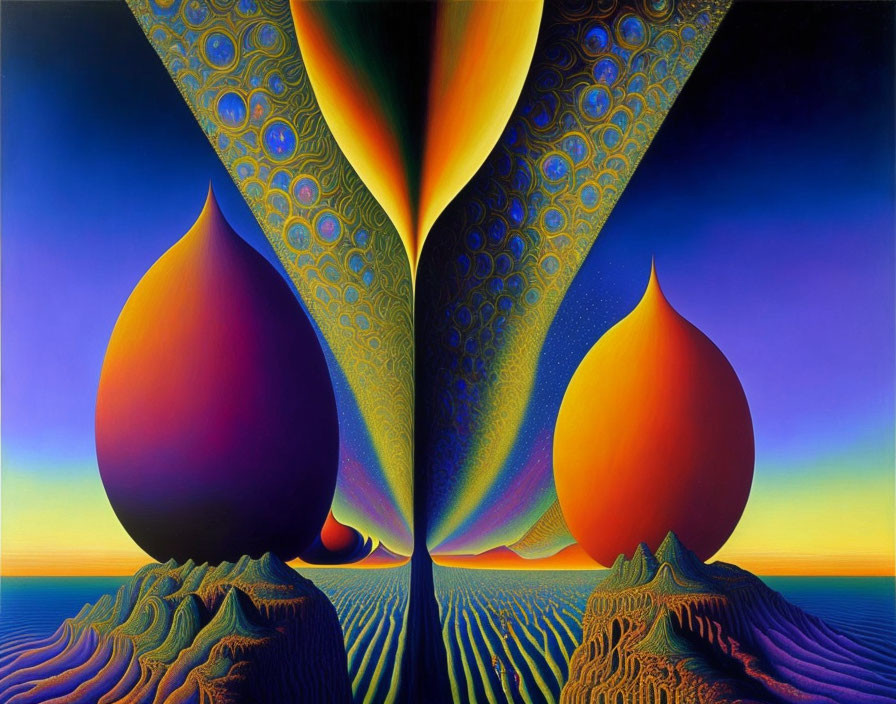 Colorful Surrealist Painting with Teardrop Structures in Desert Landscape