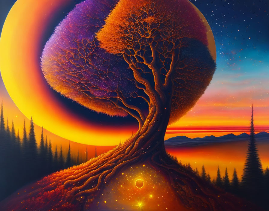 Colorful Tree Painting with Glowing Aura Against Planet Sky