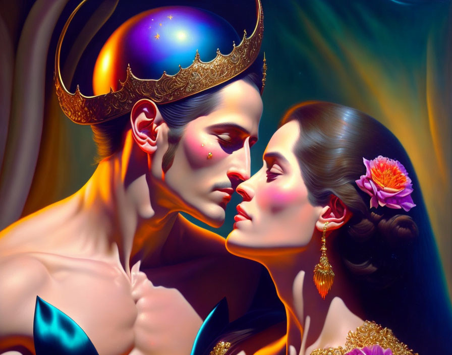 Digital painting: Royal couple with crown and floral hair accessory