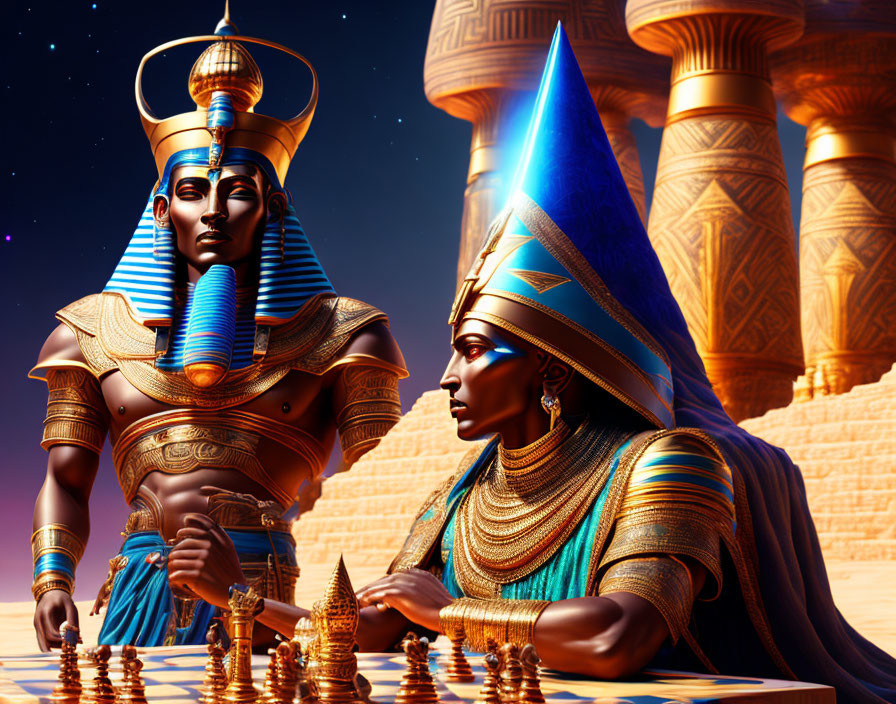 Stylized ancient Egyptian chess players in vibrant colors against monumental architecture