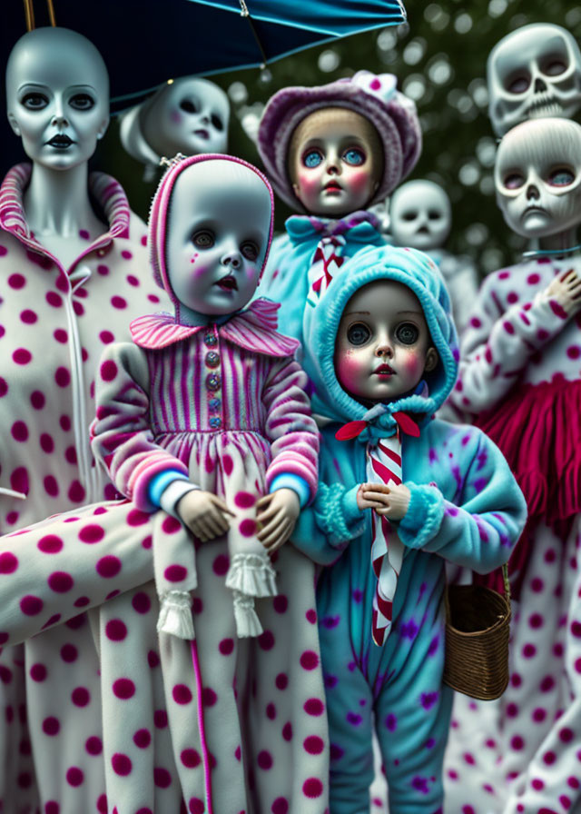 Eerie stylized dolls with oversized eyes and vintage costumes under blue umbrella