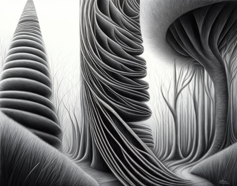 Monochromatic surreal landscape with swirling patterns and cone-like structures