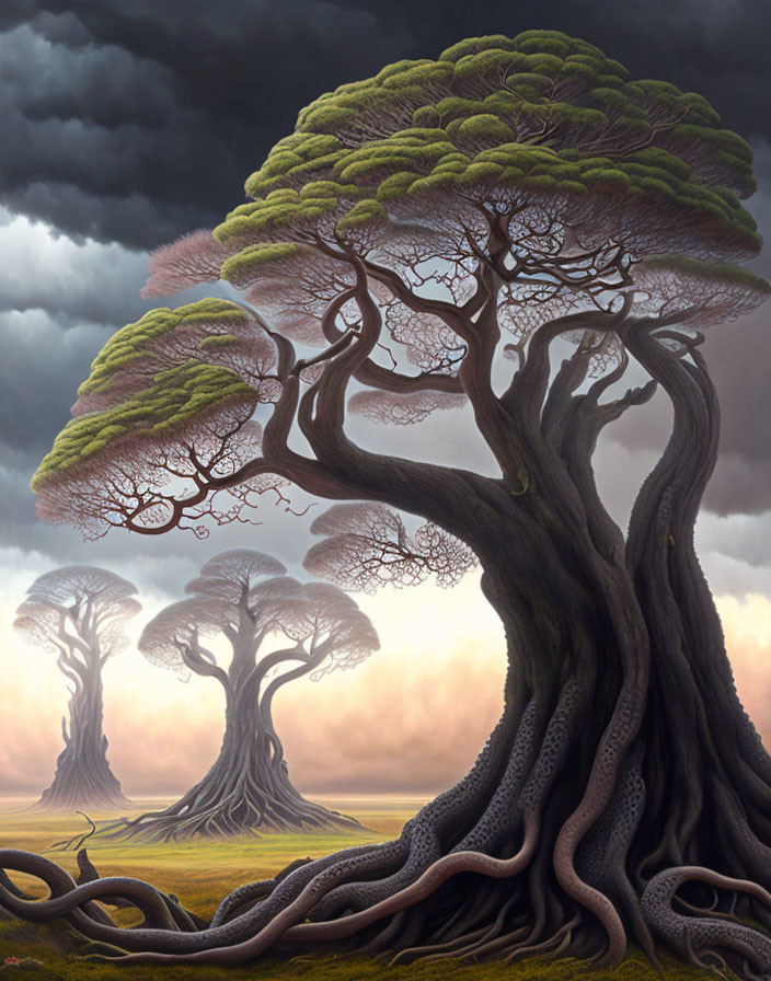 Surreal digital painting of massive intertwining trees against moody sky