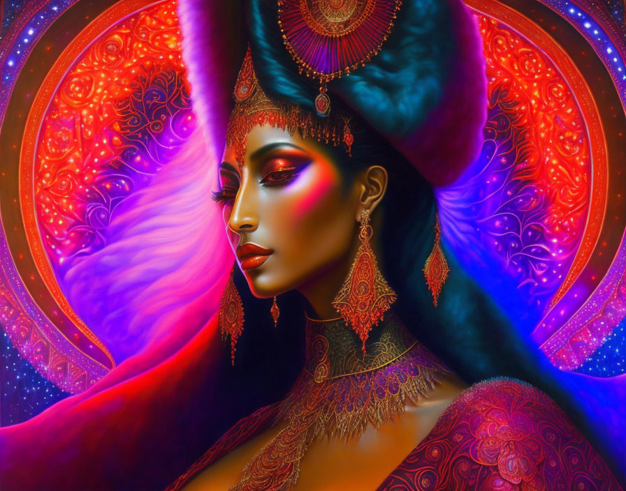 Colorful digital art featuring woman with gold jewelry on psychedelic background