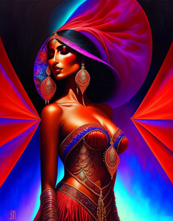 Woman with dramatic makeup and intricate jewelry against vibrant blue and red backdrop