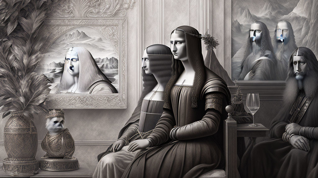 Grayscale reinterpretation of "Mona Lisa" with multiple faces in classical room