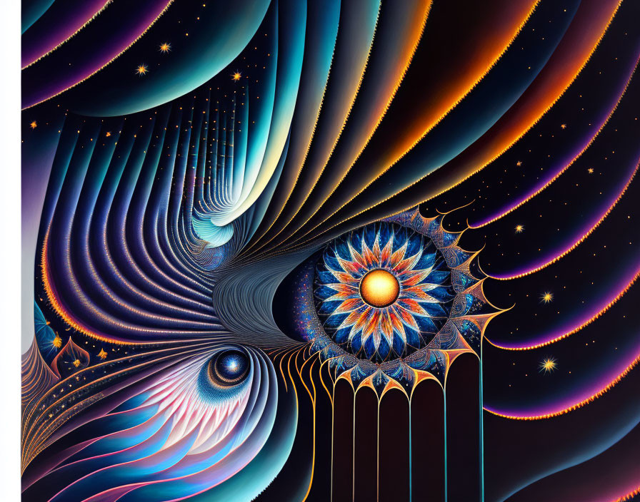 Colorful Psychedelic Artwork: Swirling Patterns, Eye Motifs, Celestial Elements