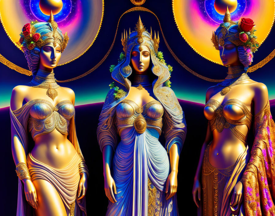 Golden-styled statuesque figures with elaborate headdresses on vibrant background