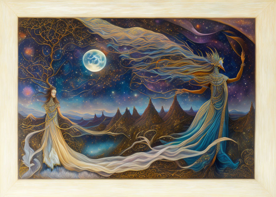 Fantasy artwork of female figure in flowing robes under starry night sky.