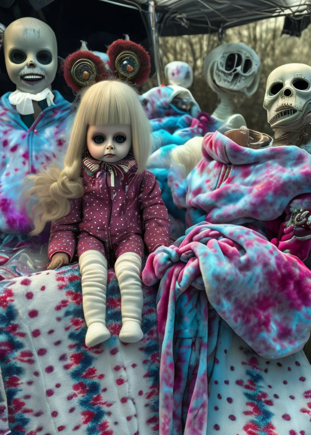 Blonde-Haired Doll Surrounded by Skull-Faced Figures in Tie-Dye