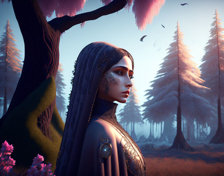 Digital artwork: Woman with face jewelry in mystical forest with pink trees