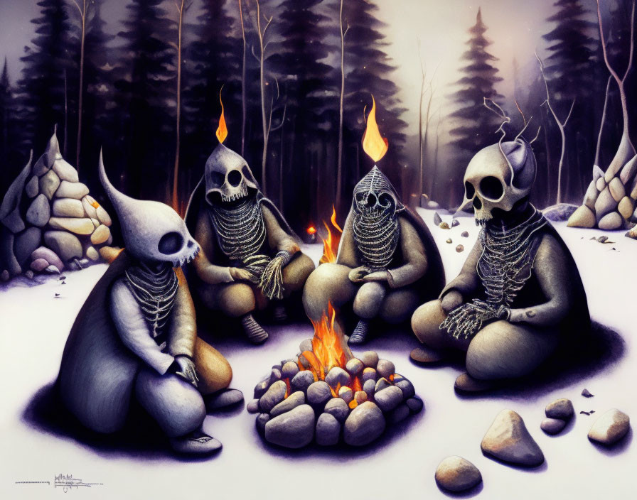 Stylized skeleton characters with flames around a snowy campfire