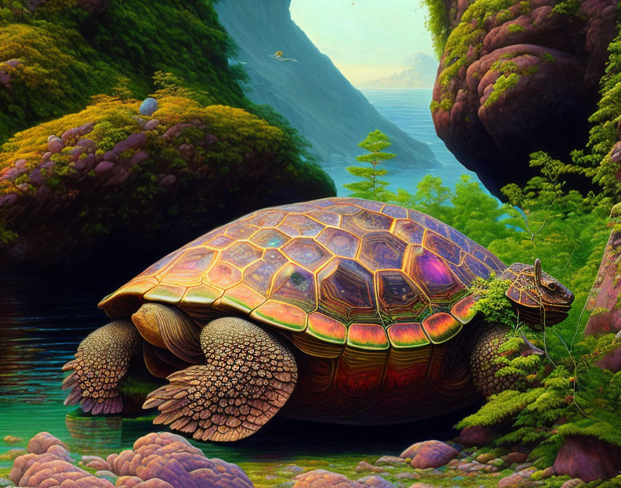 Colorful Giant Turtle Resting in Lush Landscape with Water View