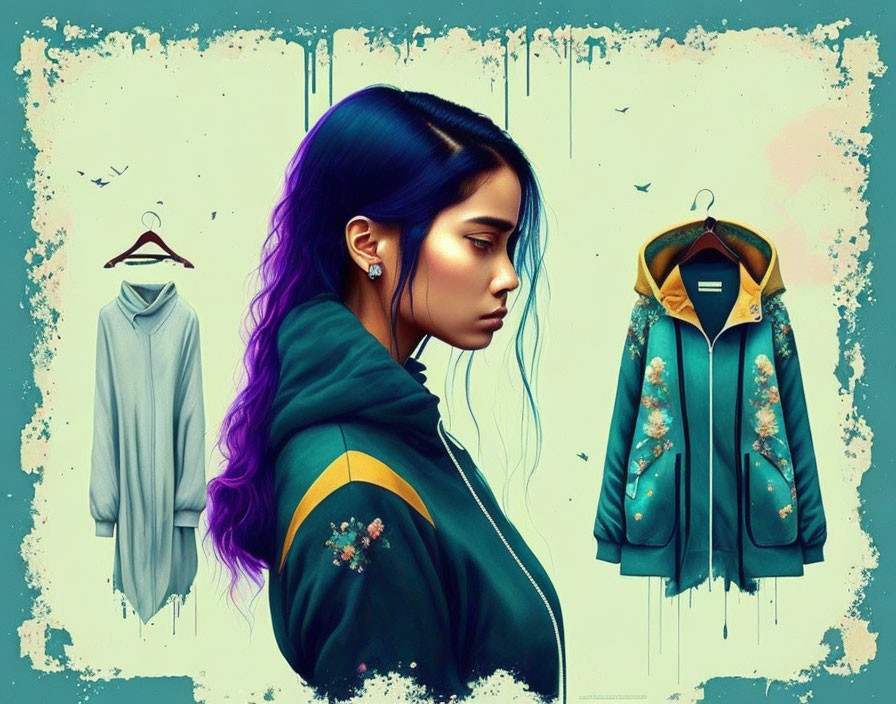 Illustration of woman with blue hair and embroidered green jacket on teal background