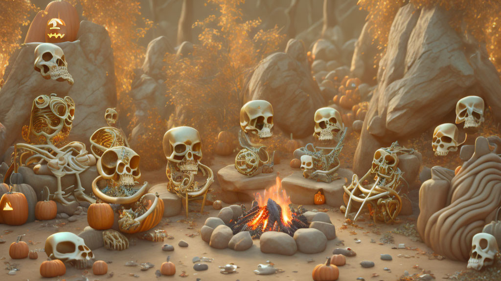 Skeletons, skulls, pumpkins, and campfire in Halloween-themed setting