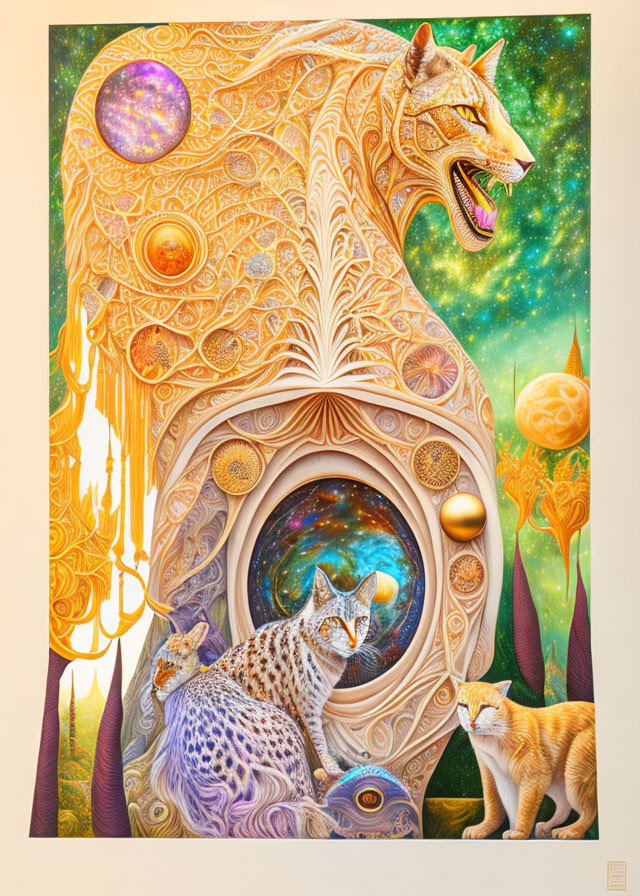 Colorful cosmic painting of a golden cat with universe inside, surrounded by celestial felines