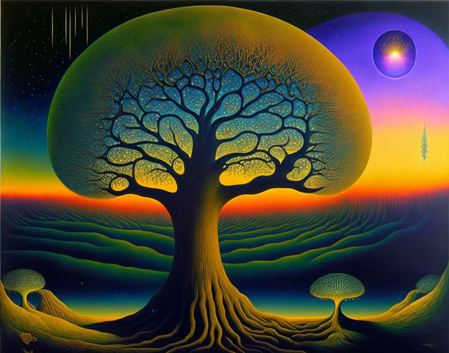 Surreal landscape with large tree, vibrant horizon, mushrooms, celestial bodies