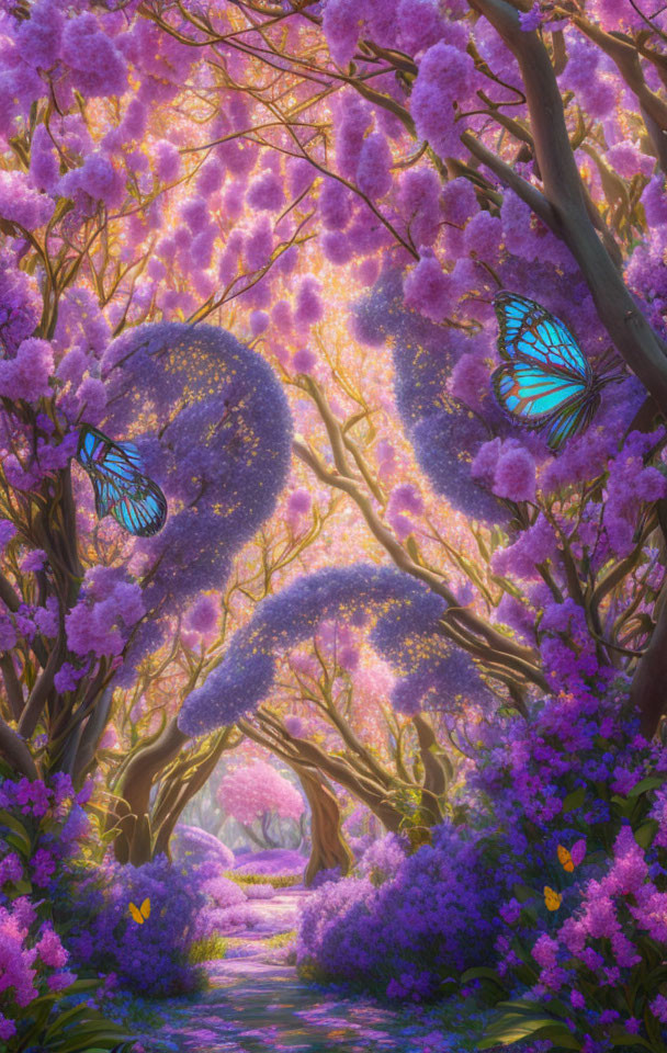 Enchanting pathway with purple trees, blue butterflies, and soft light