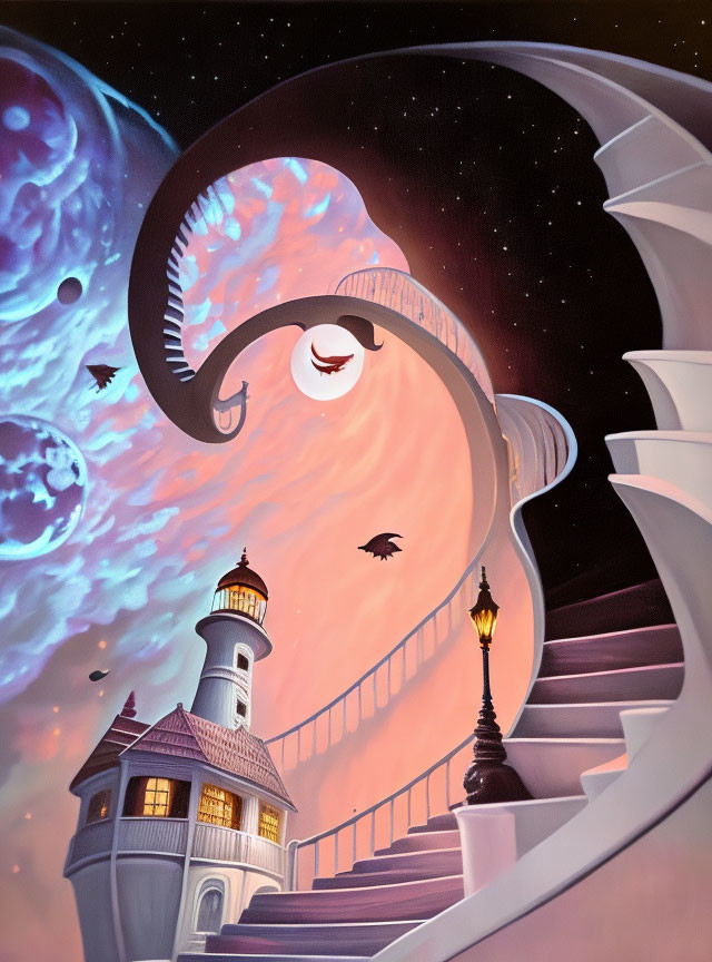 Surreal artwork: Winding staircase to lighthouse under celestial sky