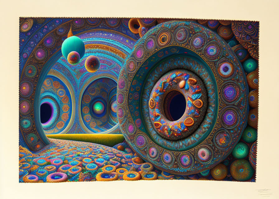 Colorful digital art with intricate circular patterns and arches in blues, oranges, and purples