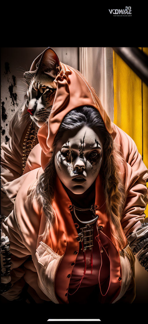 Intense individuals with dramatic face makeup and hooded attire, accompanied by a cat in a matching outfit