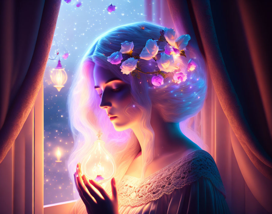 Mystical woman with floral crown gazing at lantern in starry night scene