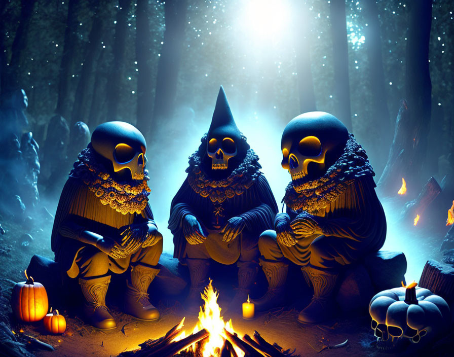 Skeleton characters in courtly attire around bonfire in mystical forest