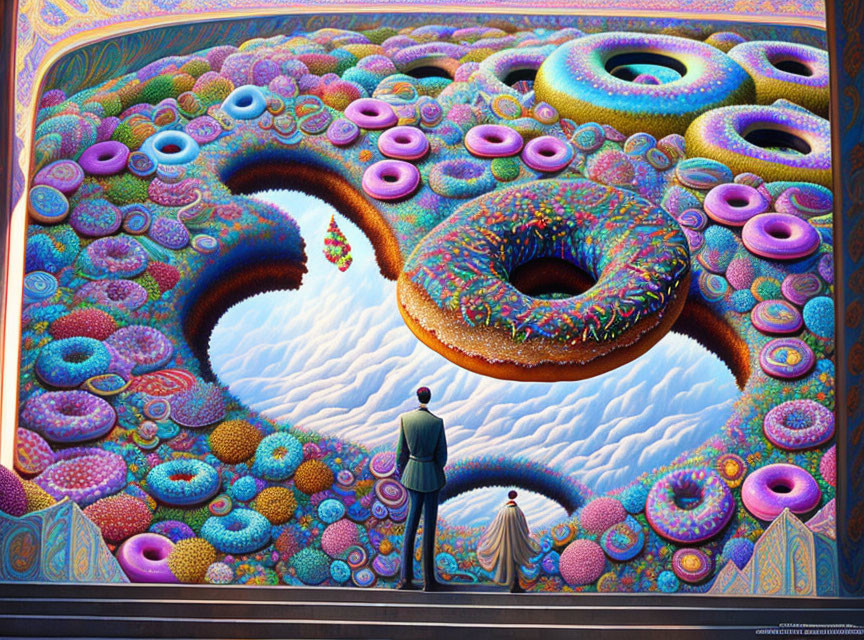 Colorful surreal landscape with donut-like shapes, man in suit, and woman in white on clouds